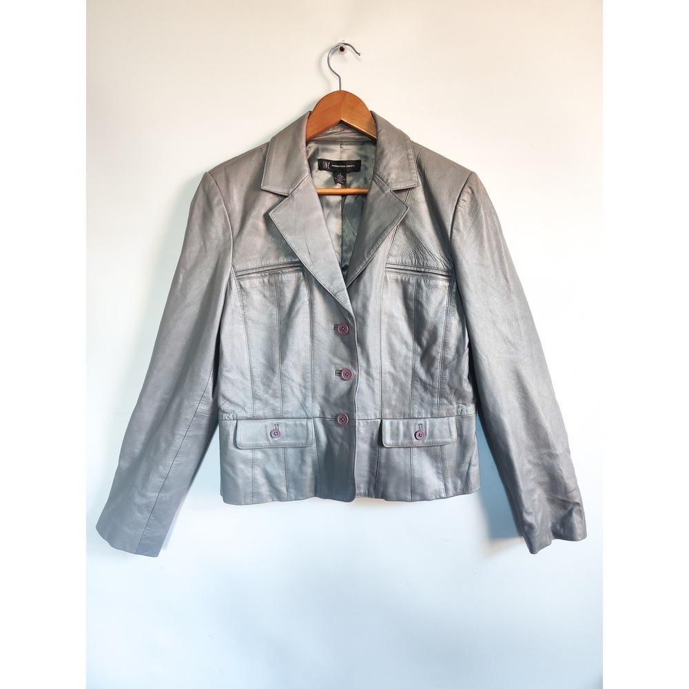 Inc Leather Jacket Blazer Large Moto Y2K Peplum Silver Metallic Button Front